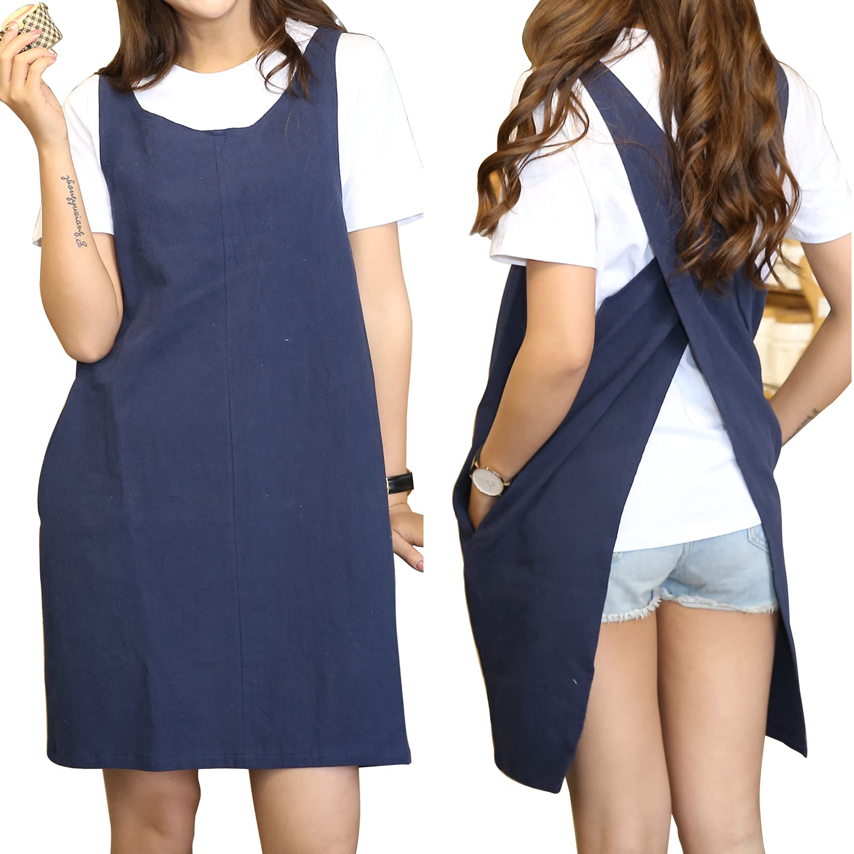 YushengTai Japanese style aprons, minimalist cotton linen villains with pockets, villains with X-shaped trugers, ideal for cooking and grilling, for gardening, relaxing and more, navy blue, M