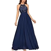 Miusol Women's Sequin Lace Sleeveless Halter Tie Formal Evening Maxi Dress
