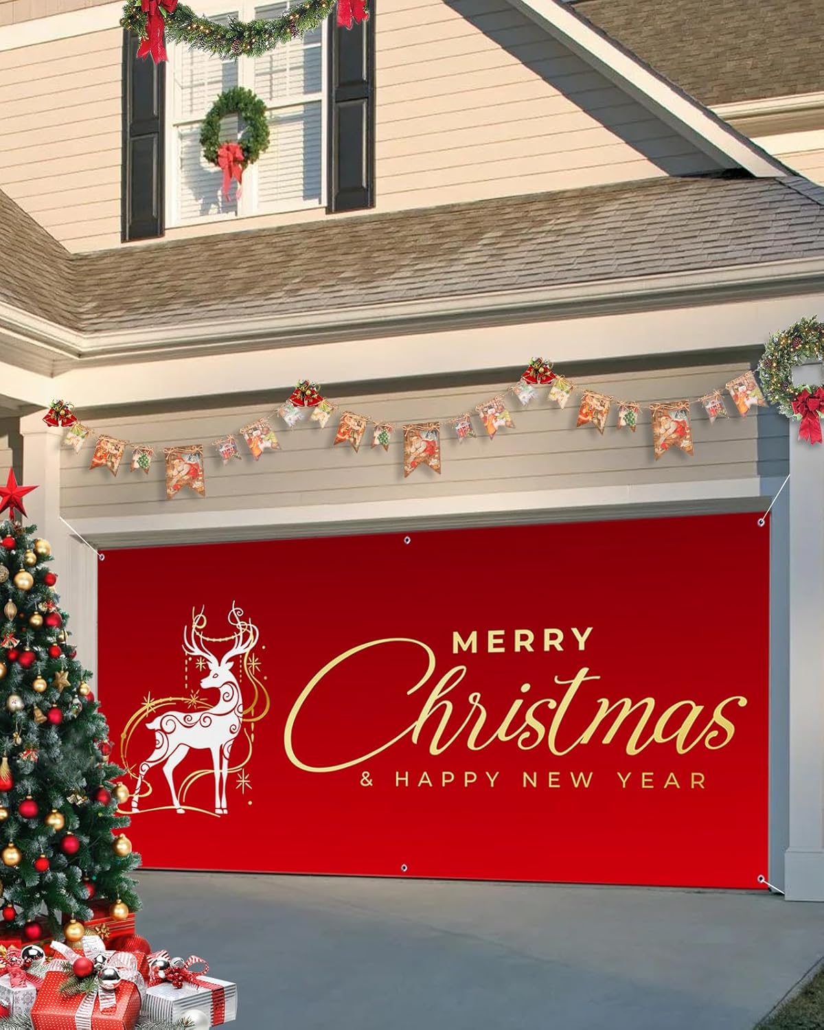 Garage Door Decorations - Christmas Garage Door Banner Cover 7 x 8 ft, Merry Christmas and Happy New Year Xmas Elk Red Christmas Garage Door Decorations Holiday Christmas Backdrop Decor for Winter New Year Xmas Party