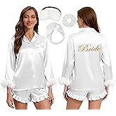 EPLAZA Bride Bridal Pajamas Set Women Bridesmaid Pajamas 2pcs Feather Trim Sleeve Silk Satin Pjs Set for Bridal Party Gifts