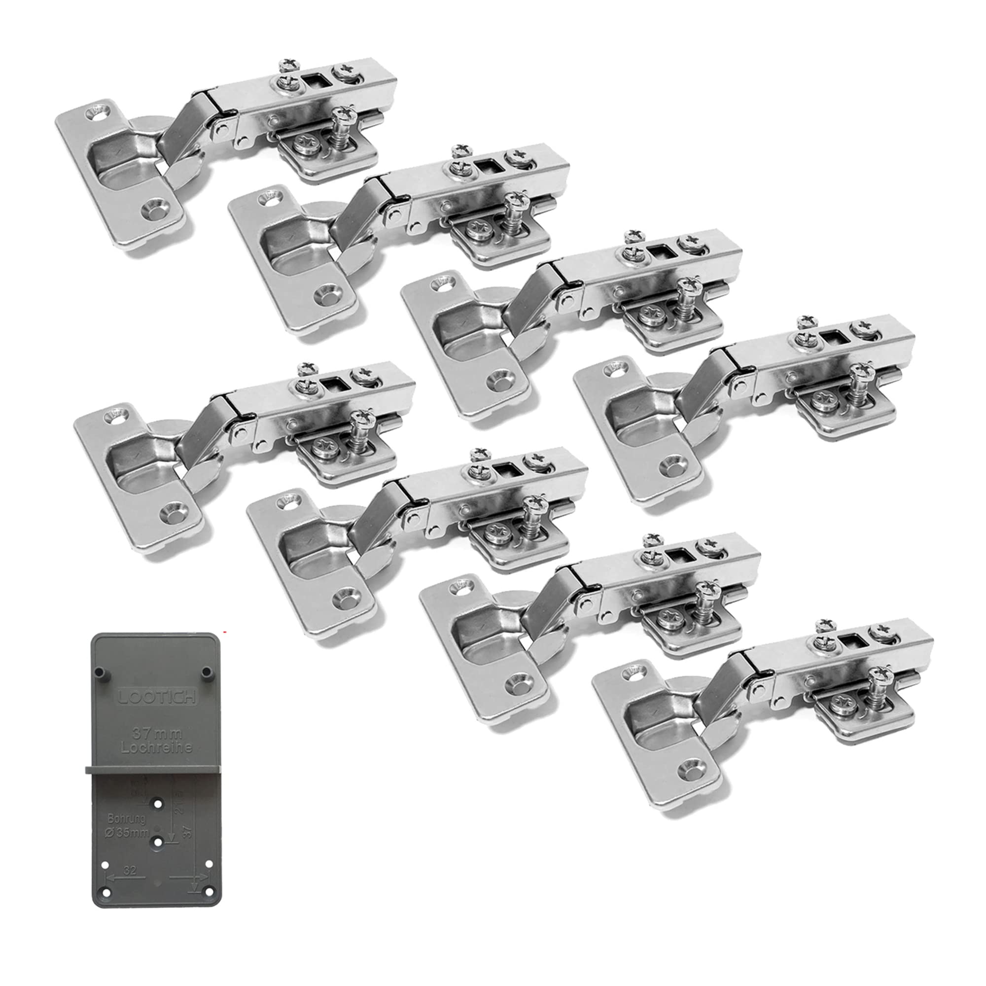 LOOTICH 110 Degree Full Overlay 35mm Soft Close Hinge with Hydraulic Damper for Kitchen Cabinet Cupboard Wardrobe Door Automatic Hinges with Cushioning European Type Pack of 8 with Drilling Template