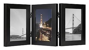 Frametory, 4x6 Inch Triple Hinged Black Picture Frame - Made to Display Three 4x6 Inch Pictures, Stands Vertically on Desktop or Table Top, Real Glass Front