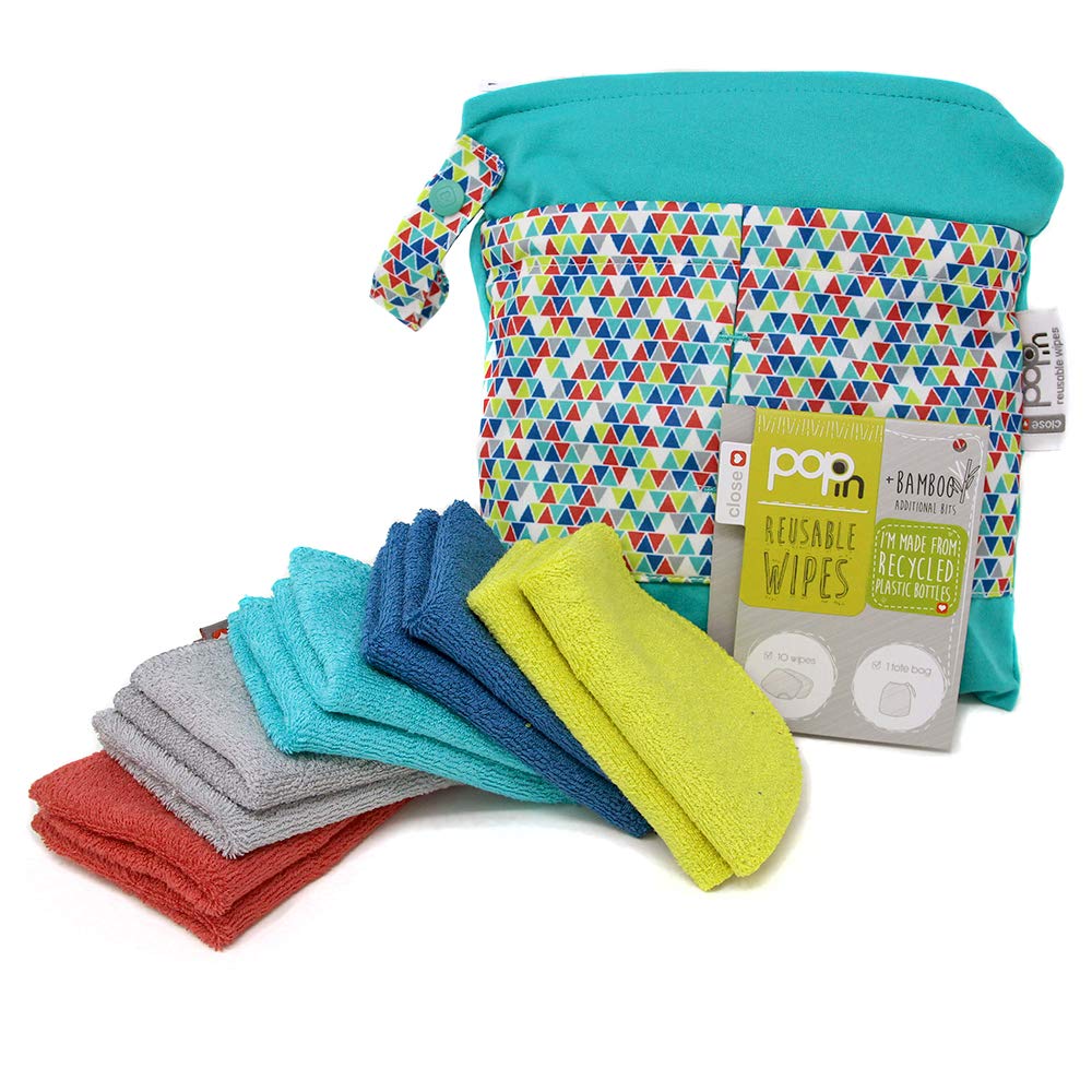 Close Popin Reusable Bamboo Wipes 10 x Washable Baby Wipes 20x15cm Colours Extra Soft Reusable for Baby's Hands Face, Bright