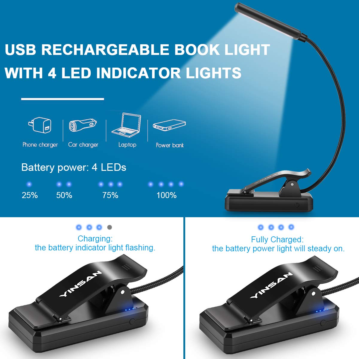 9 LED Luz de Lectura Libro, YINSAN Lampara Lectura Recargable con Sensor Táctil, 3 Modos de Brillo Ajustable (Luz Cálido y Blanco), Luz Pinza Libro para Lectores Noche, E-Reader, Estudio, Cama, Tablet
