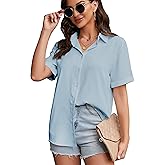 YAMANMAN Women's Button Down Shirt Short Sleeve Collared Shirts Work Office Chiffon Blouse
