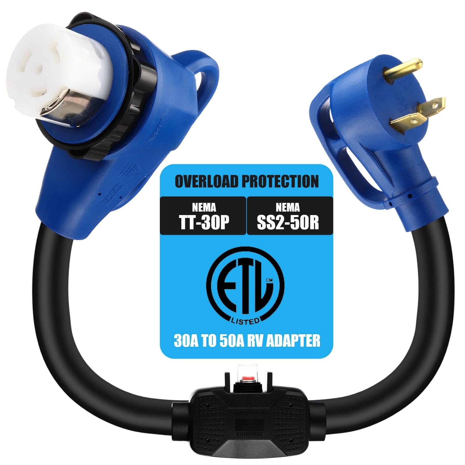 Photo 1 of Kingdder 30 Amp to 50 Amp RV Adapter with Circuit Breaker, Compatible with NEMA TT-30P to SS2-50R Overload Protector RV Electrical Adapter Plug Easy Grip Handle, 18 Inch, Blue, ETL Listed