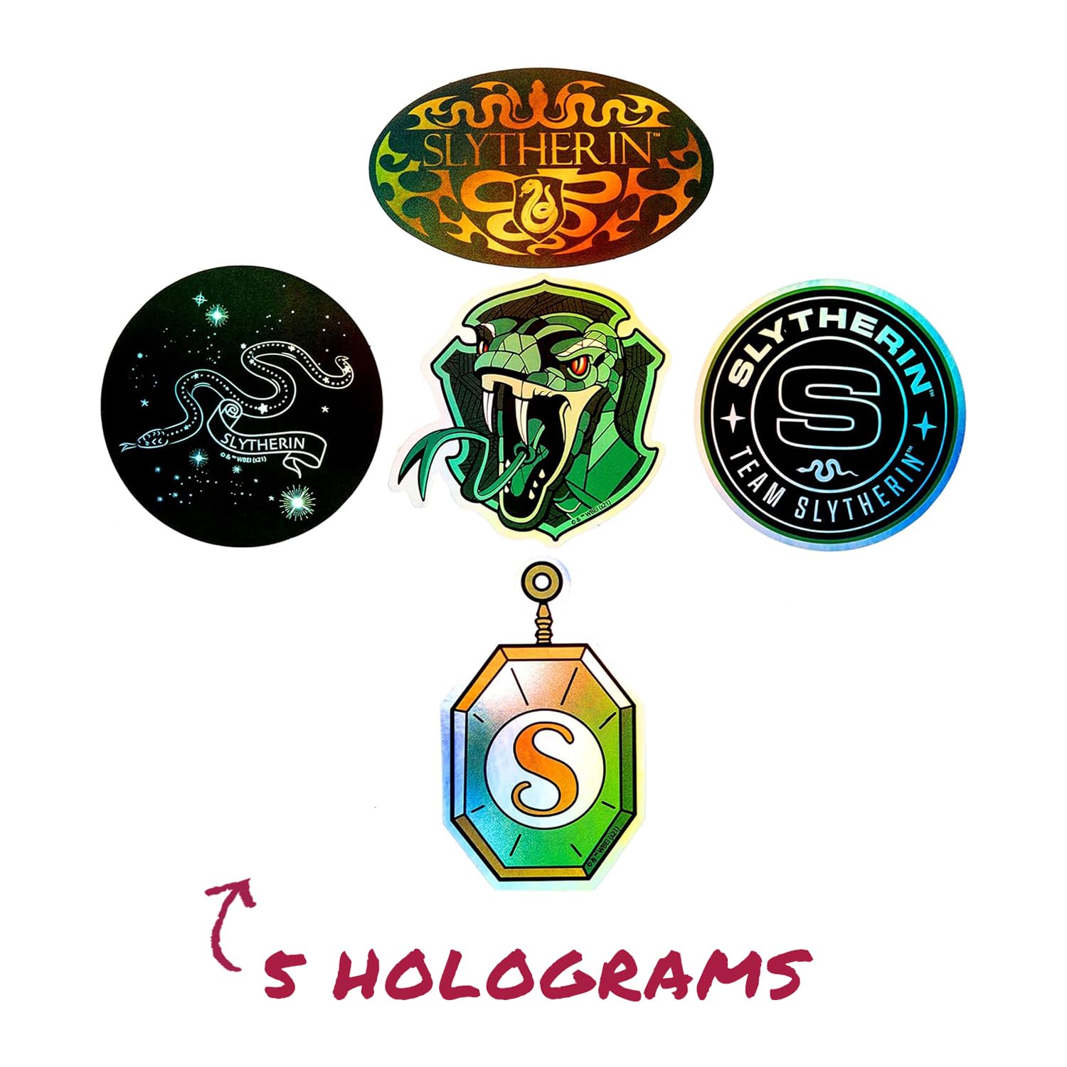Harry Potter Slytherin Hogwarts House Vinyl Sticker Decal Pack, 60-Count, 5 Hologram Stickers, Waterproof, UV & Scratch-Resistant, Decals for Laptops, Water Bottles, Notes & More, Officially Licensed