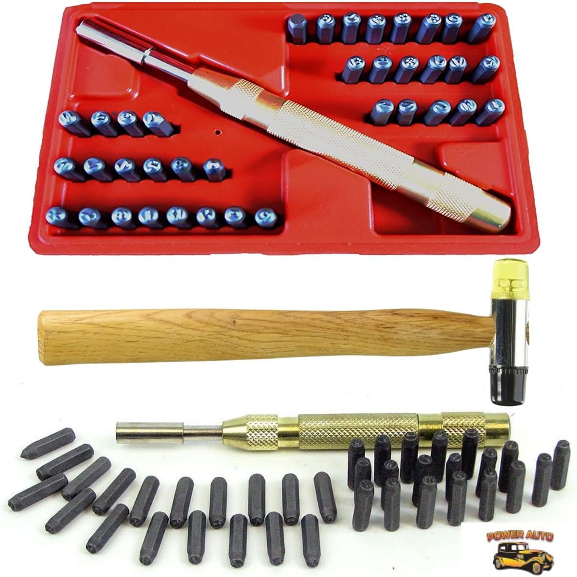 Precision 39 pc Steel Number & Uppercase Letter Alphabet ID and Symbol Stamping Punch Tool Set Kit PLUS Automatic Spring Loaded Punch, Carry Case and Jeweler's Hammer with Plastic & Rubber Head