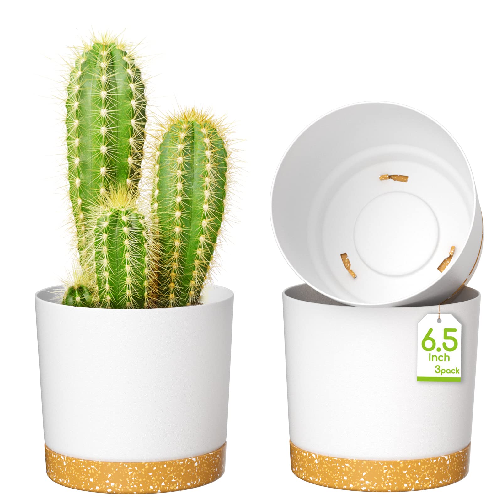 ZMTECH 16.5cm Plant Pots, Modern Planters with Drainage Holes and Detachable Saucer, Plastic Flower Pots for Plants for House Garden Windowsill (Set of 3, White)