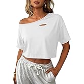 Avanova Women Off The Shoulder Crop Tops Distressed Ripped Short Sleeve Cropped Tee T-Shirt