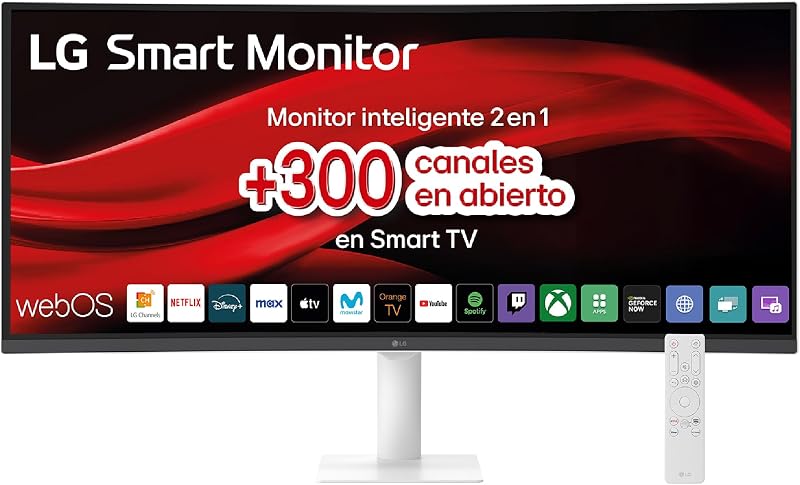34U601SA-W - Smart Monitor 34" VA Panel (3440 x 1440), 100 Hz, 5 ms (GtG), webOS 24, Touch Screen, 4K, Inclui Canais e Portal Gaming, Inclinação Ajustável, Branco