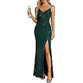 Ever-Pretty Women's Formal Wedding Guest Dresses V-Neck Stretchy Glitter Bodycon Sleeveless High Split Sexy Prom Dress