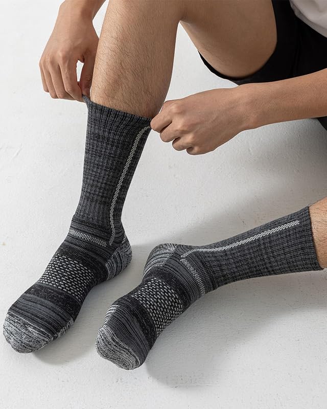 Calcetines de trabajo de algodón de corte alto para hombre, 5 pares de calcetines de bota acolchados para deportes al aire libre, senderismo, running, Azul marino, 8-10 — foto 6 de 8