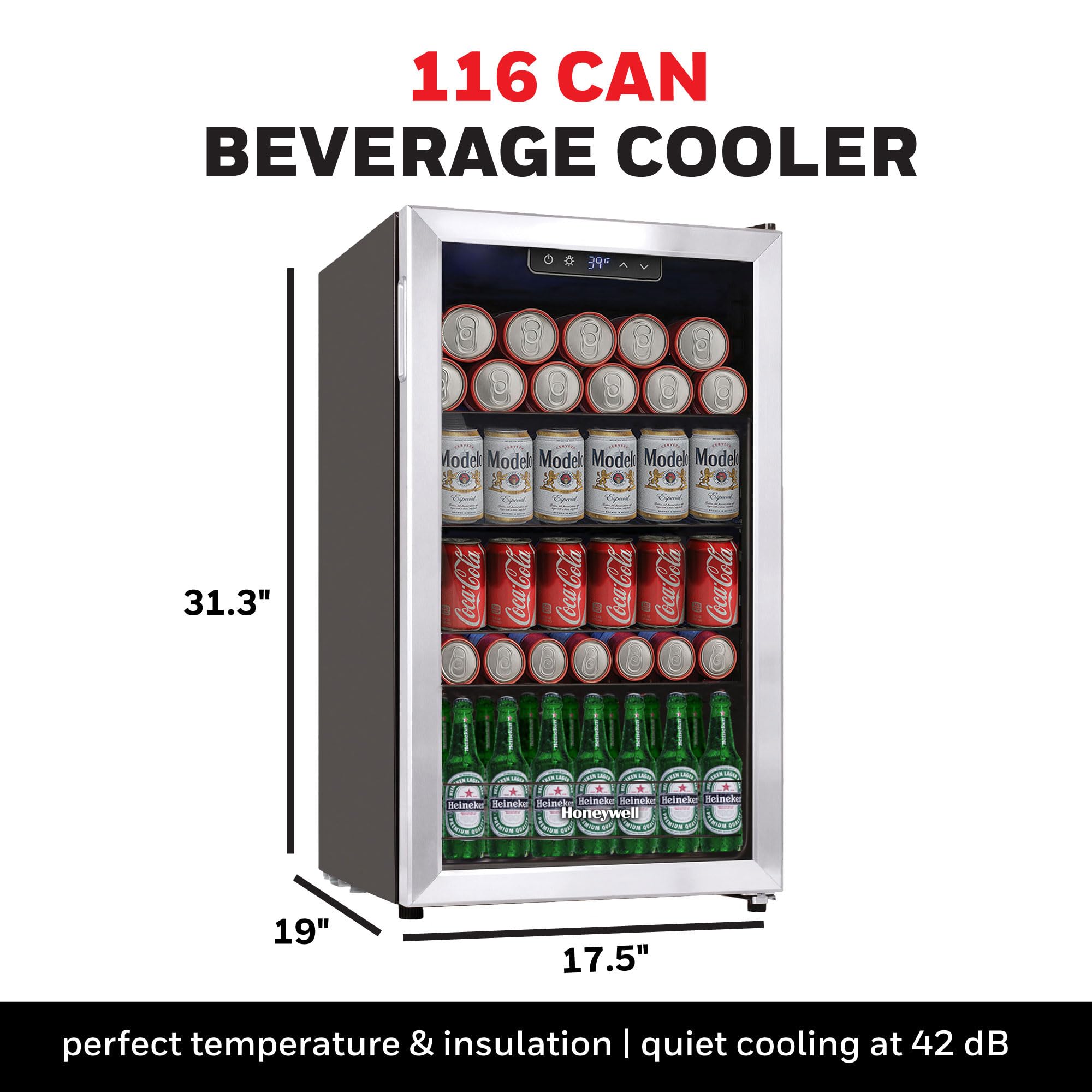 Honeywell Beverage Refrigerator and Cooler, 116 Can Mini Fridge with Glass Door for Soda Beer or Wine for Office or Bar with Adjustable Removable Shelving, Commercial Grade