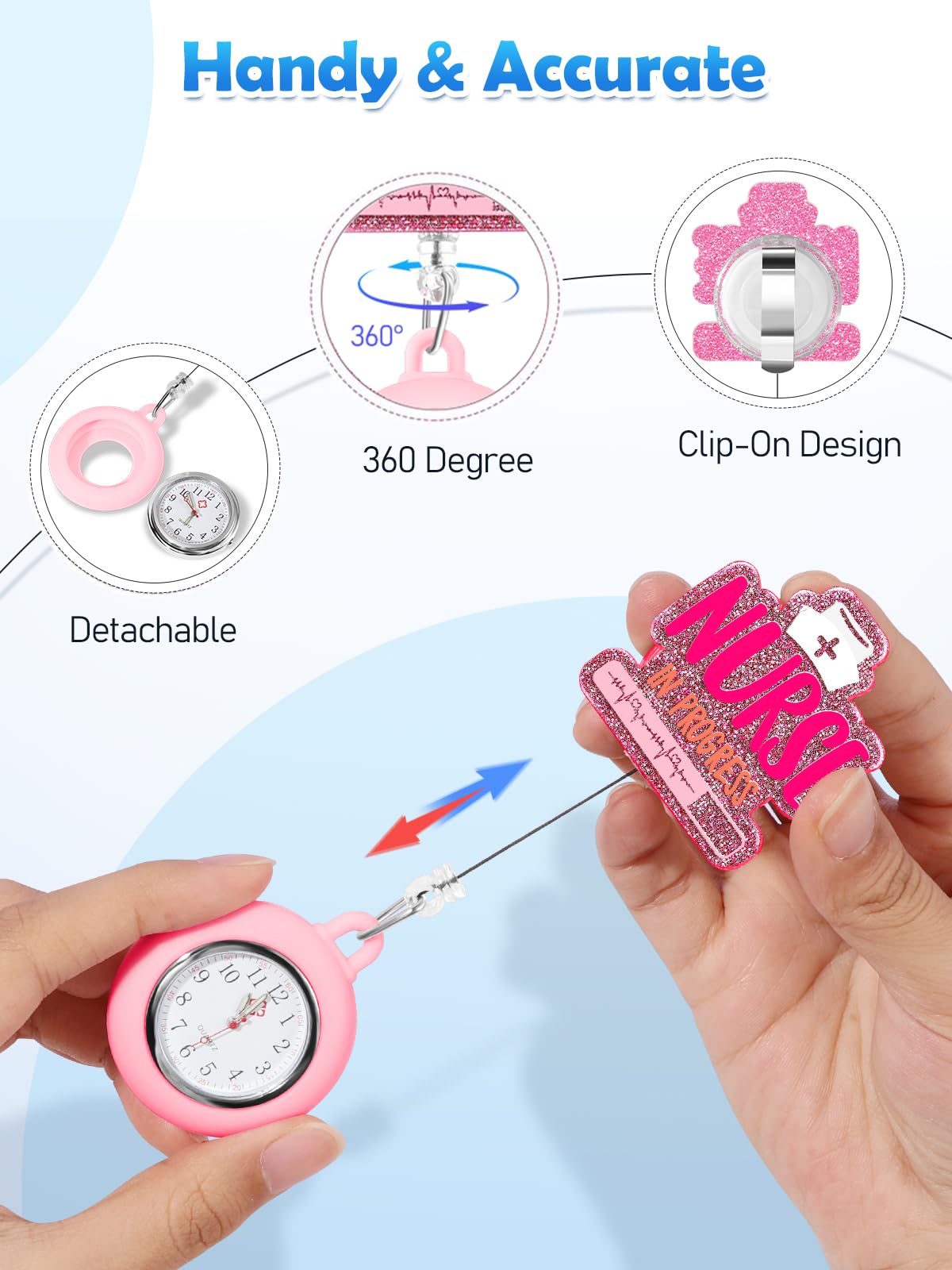 Plifal Nurse Pocket Watch Nursing Badge Fob with Second Hand - Retractable Clip On Clock with Secondhand for Medical Staff Women Men