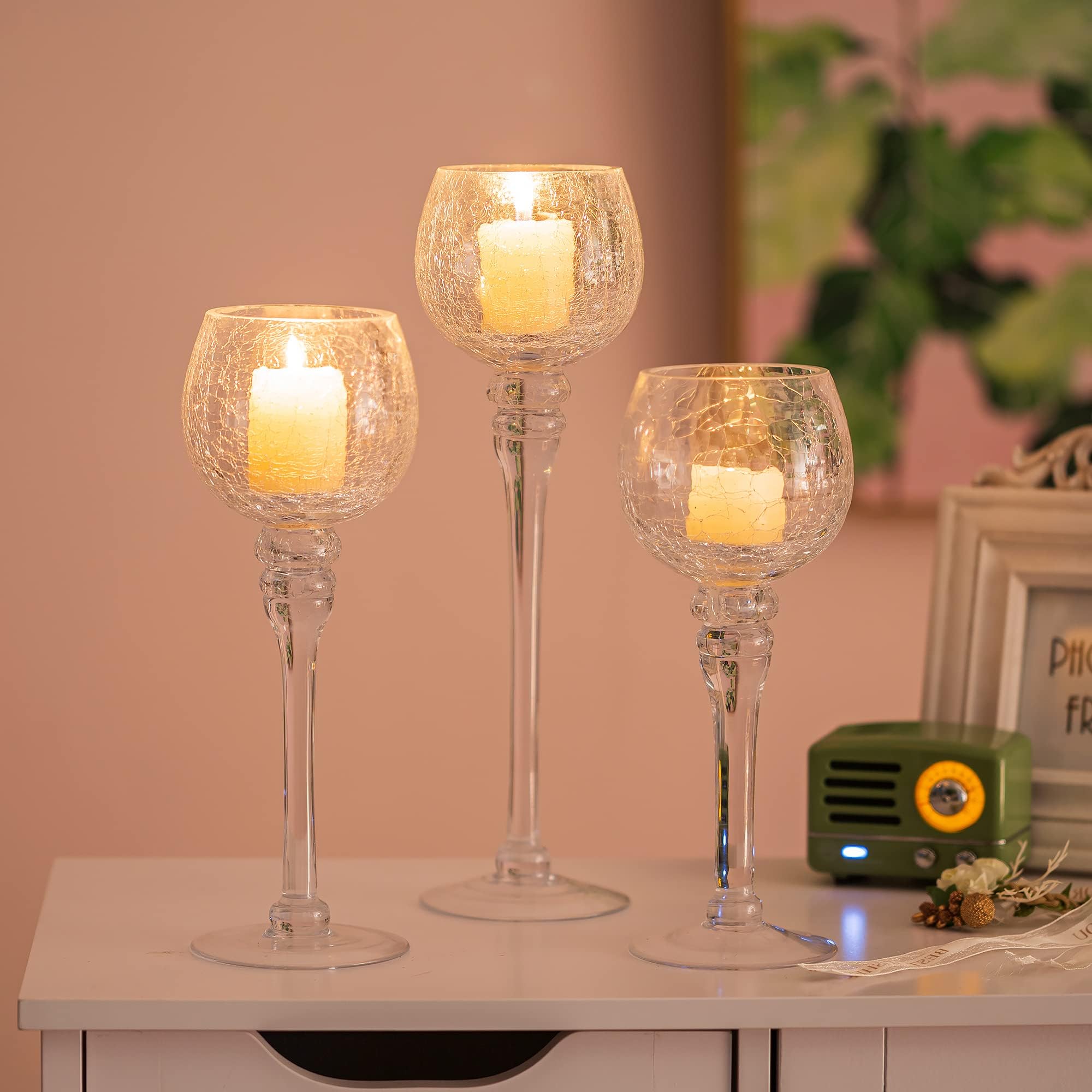 Romadedi Tealight Candle Holder Glass - Mercury Votive Floating Tea Light Holders Tall Decorative Stemmed Set of 3 for Wedding Table Centerpiece Home Room Decor Crackled Clear, 23.5/25.5/31.5cm