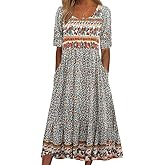 Kubsid Womens Boho Dress Summer Casual 2026 Short Sleeve Loose Fit Floral Maxi Dress Flowy Beach Vintage Sundress Orange Floral M
