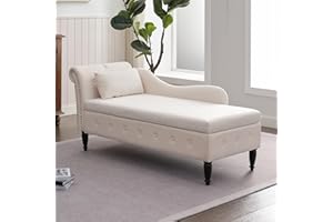 Mjkone Accent Chaise Lounge Chair with Lift Up Storage Design, Upholstered Rolled Arm Lounge Chair with Nailhead Trim, Button Tufted Chaise with Free Cushion for Living Room, Beige