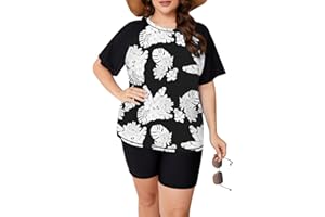 ZOMVA Plus Size Women's 2 Piece Rash Guard Swimsuit Modest Short Sleeves Swim Shirt with Boyshorts UPF 50+