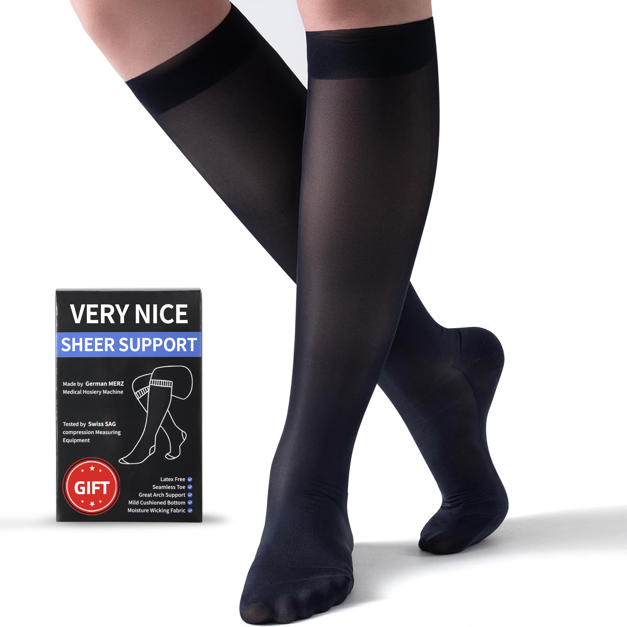 Photo 1 of 2 Pairs Sheer Compression Socks for Women 15-20 mmHg - Support Hose Knee High Compression Stockings with Comfy Toe Seam