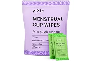 PIXIE CUP Pixie Feminine Wipes - Flushable, Biodegradable, pH Balanced & Unscented - Individually Wrapped Wipes for Feminine Care, On The Go & Public Bathrooms - Menstrual Cup Wipes for Cups & Discs (20 Count)
