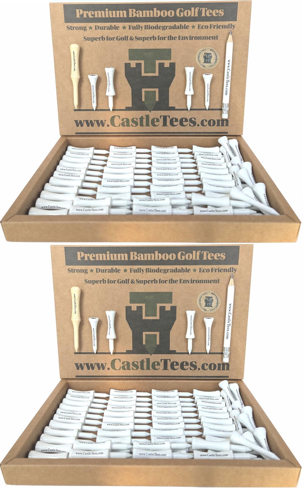 Castle Tees White 2 Pack – 100 pcs x 51mm 2 inch White Premium Bamboo Golf Tees + Free Pitch Repair Tool, Ball Marker, Pencil & 42mm Tees. Twice Strength of Regular Bamboo Very Strong. Great Golf Gift
