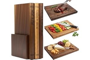 Wood Cutting Board Set with Stand, Book Shaped Acacia Chopping Boards for Kitchen Organizer, Space Saving Minimalist Serving 