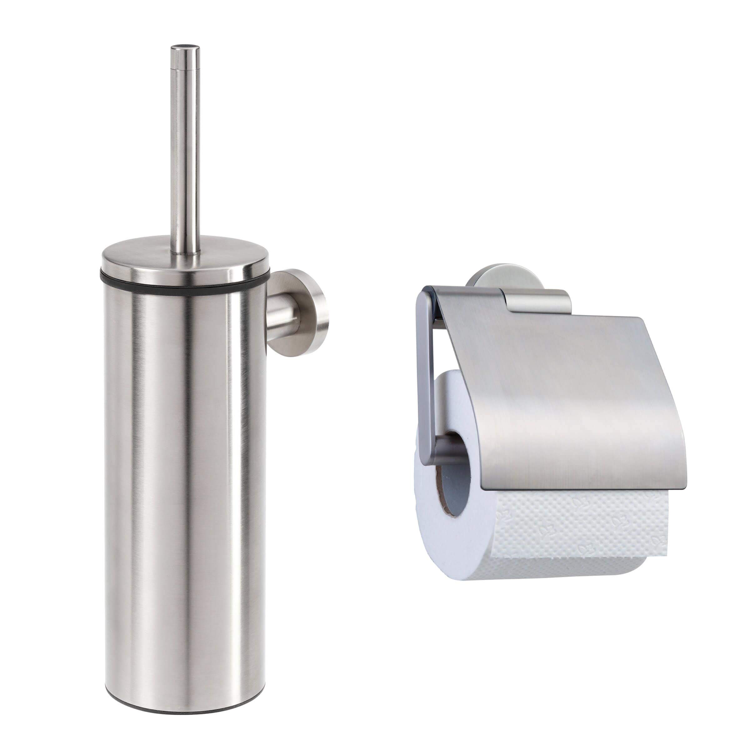 Tiger Boston Toilet Brush and Holder, Stainless Steel Brushed, 9.3 x 35.6 x 12.6 cm + Tiger Boston Toilet Roll Holder with Cover, Stainless Steel Brushed, 13.7 x 14 x 6.3 cm