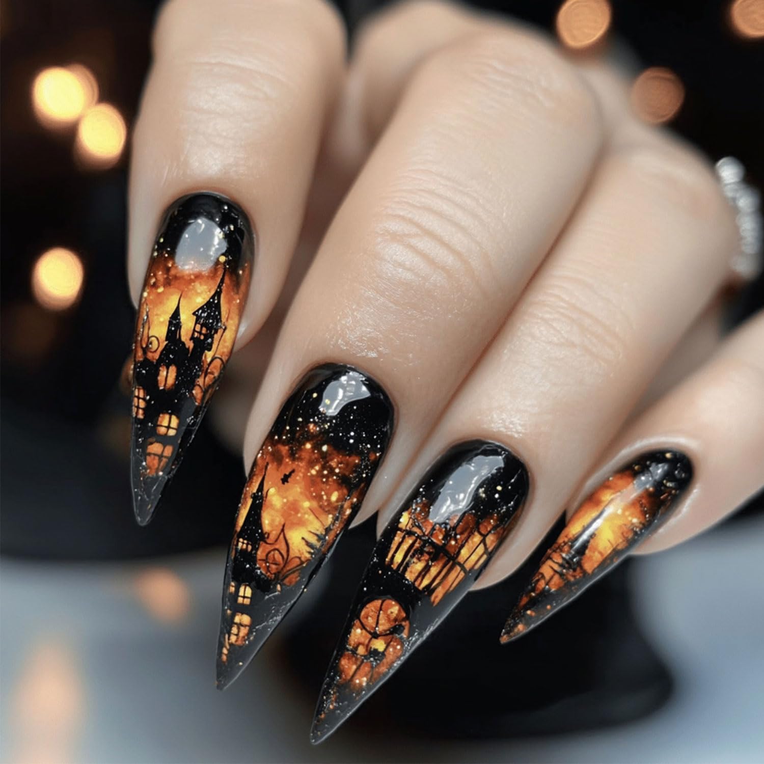 Photo 1 of 24 Pcs Halloween Press on Nails Long Almond Orange Fake Nails Goth False Nails with Design Artificial Acrylic Nails Press ons Reusable Almond Nails Glue on Nails for Women