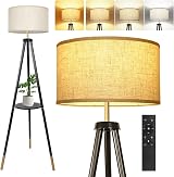 OUTON Solid Wood Tripod Floor Lamp with Remote—Dimmable 4 Color Temps, Timer