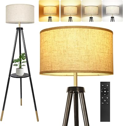 OUTON Solid Wood Tripod Floor Lamp with Remote—Dimmable 4 Color Temps, Timer