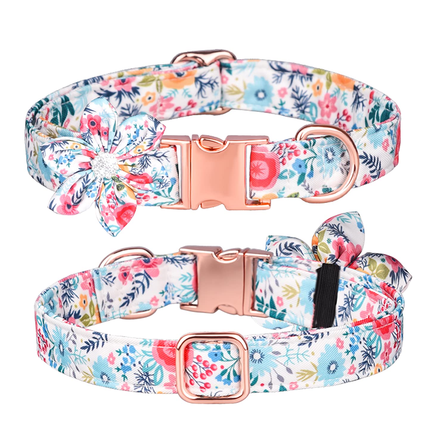 Haoyueer Floral Pattern Dog Collar with Detachable Rhinestone Flower for Female Dogs - Small, Medium, Large (M, White)