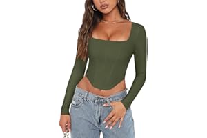 REORIA Womens Trendy Sexy Square Neck Long Sleeve Backless Y2K Going Out Boned Bustier Corset Crop Tops