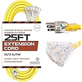 25 Foot Lighted Outdoor Extension Cord with 3 Electrical Power Outlets - 10/3 SJTW Yellow 10 Gauge Extension Cable with 3 Pro