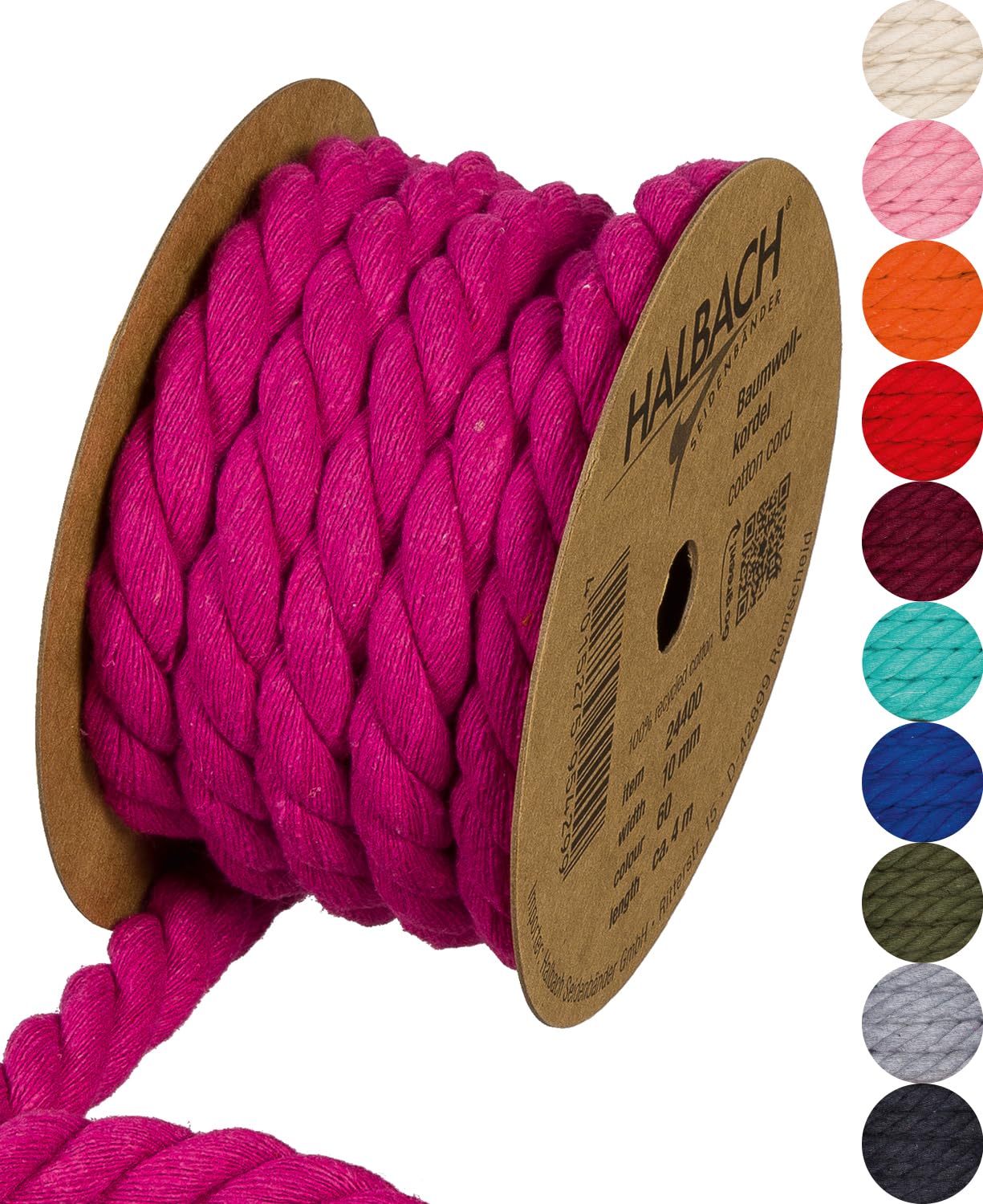 Halbach Seidenbänder Recycled Cotton Cord, Width: 10 mm/Length 4 Metres, Sustainable Cotton Yarn for Macrame, Natural Cord for Crafts, Colour: Pink — image 1