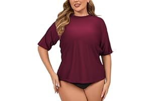 Halcurt Women's Plus Size Rash Guard Short Sleeve Swim Shirts Loose Fit UPF50+ Sun Protection Swimsuit Top Only