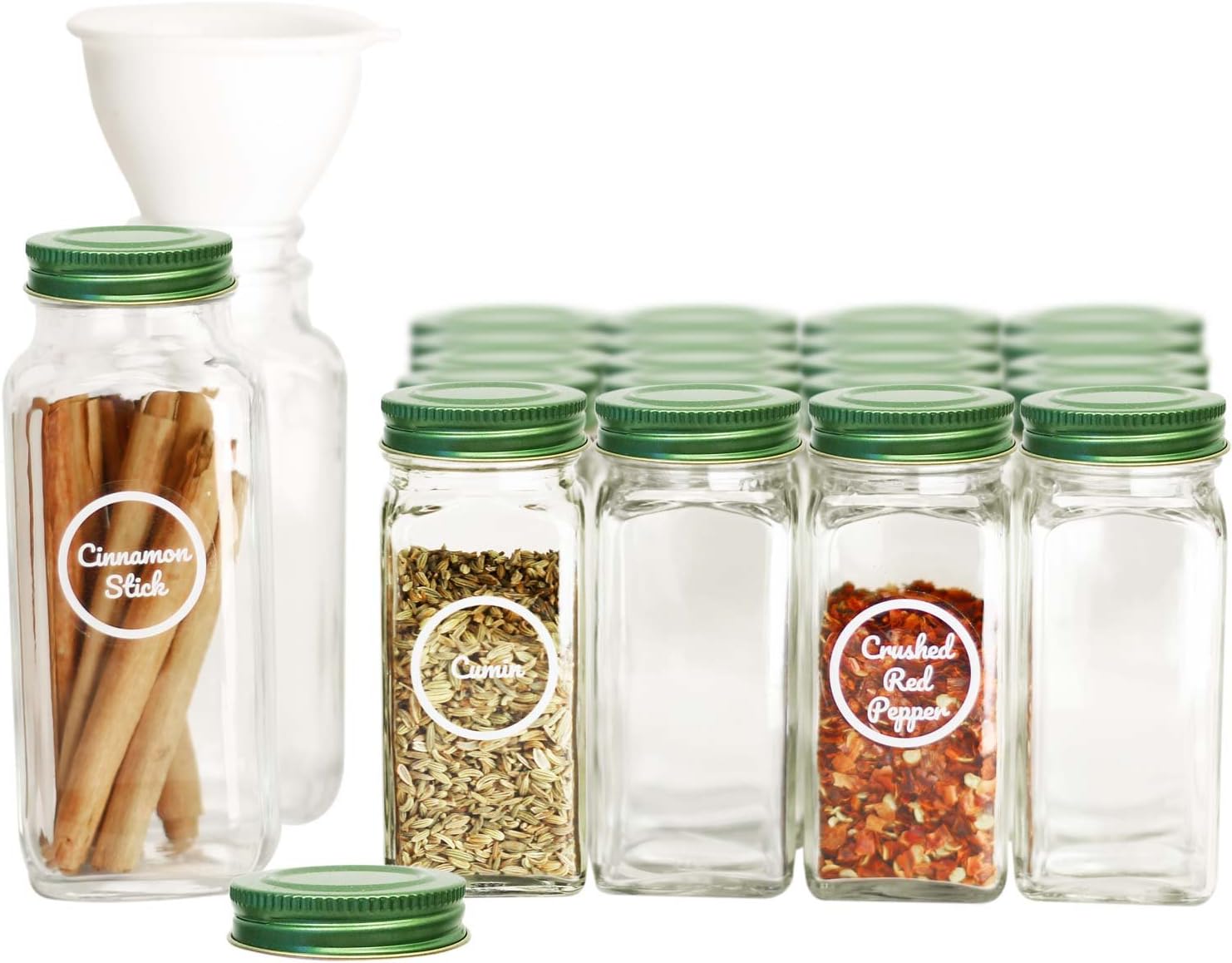 SpiceLuxe Premium Spice Jar Set -26 Empty Square Glass Jars, Green Metal Airtight Lids, 100 Spice Labels, Easy Pour Funnel, and Shaker Tops - Decorative Containers Organize Your Spice Rack or Pantry