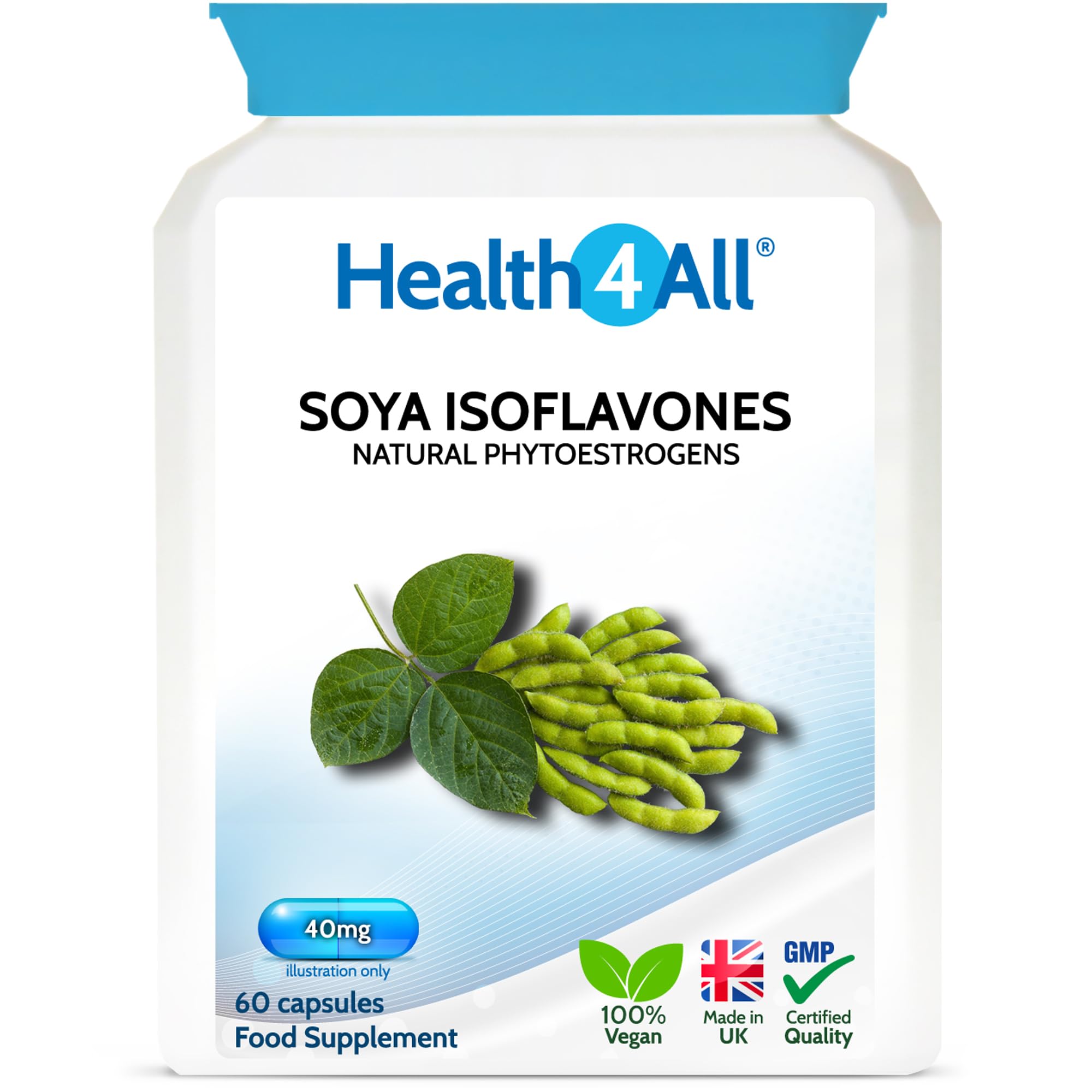 Health4All SOYA Isoflavones 40mg per Capsule, 60 Capsules 2 Months Supply, Menopause Support Supplement, High Strength SOYA Isoflavones 40% Extract, Non-GMO, Non-Irradiated, 1 a Day | Made in UK