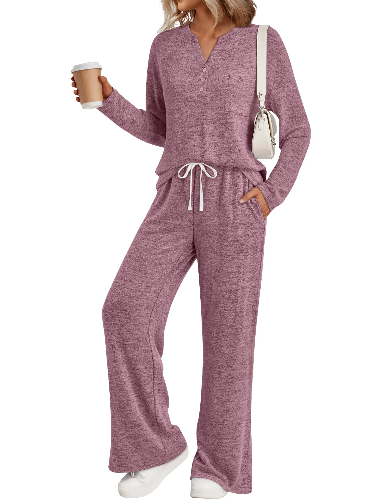 LILLUSORY Womens 2 Piece Lounge Sets Winter Outfits 2026 Sweatsuit Matching Pjs Airport Vacation Travel Fall Pajamas Fashion Burgundy M Image
