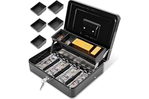 Polspag Cash Box with Lock and 2 Keys, Large Cash Boxes, Metal Money Box with Cash Tray, Lock Safe Box, Portable Cash Lock Box,4 Bill/5 Coin Slots with Detachable Coin Box