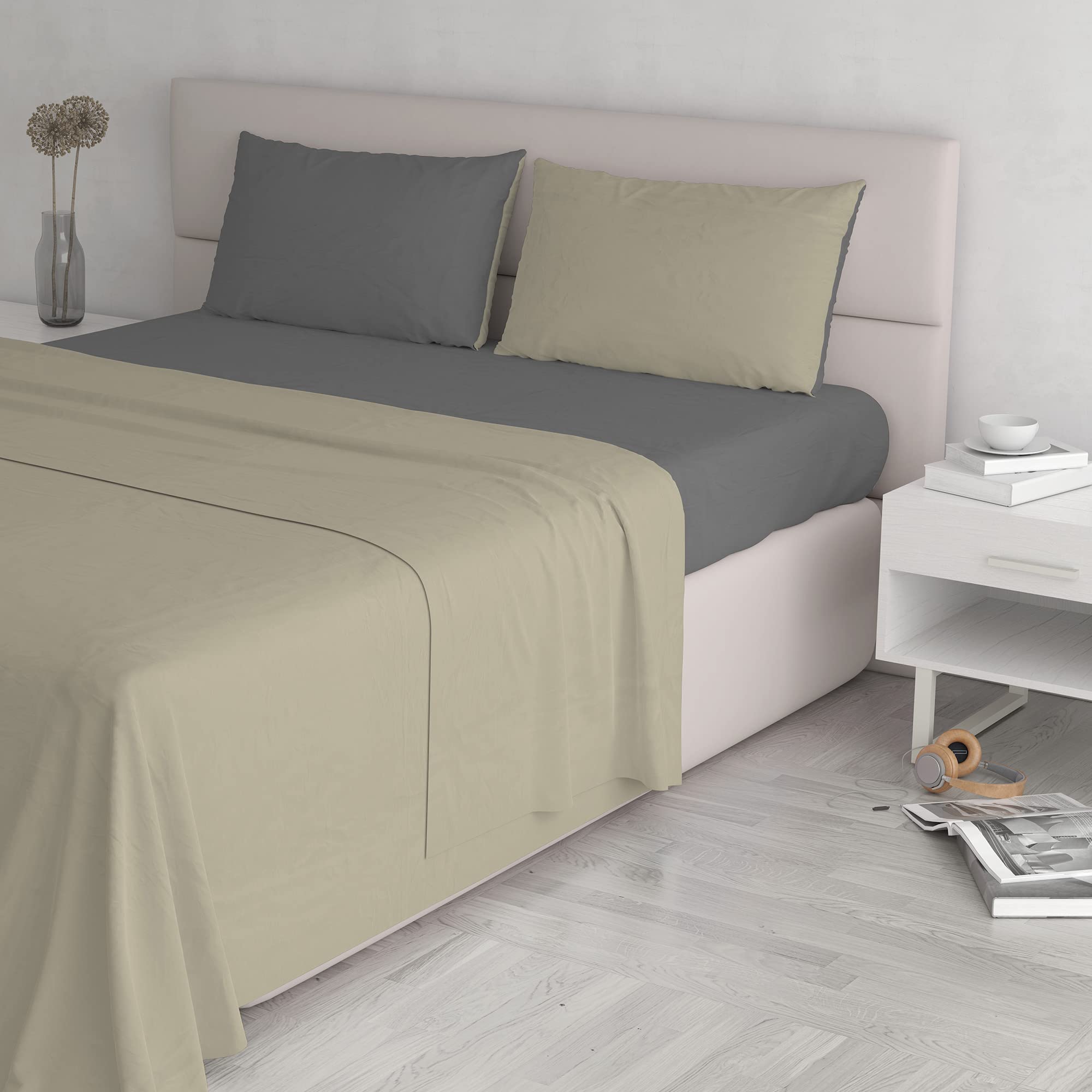 Italian Bed Linen Natural Color Bed Set (Flat 250x300, Fitted Sheet 170x200cm+2 Pillowcases 52x82cm), Petrol Bottle Green, Dove Gray/Smoke, DOUBLE