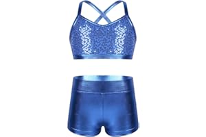 Moggemol Kids Girls 2 Piece Dance Outfits Sequins Crop Top with Metallic Shorts Set Jazz Hip Hop Dancewear