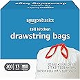 Amazon Basics Trash Bags, Tall Kitchen Drawstring, Unscented, 13 Gallon, 200 Count, Pack of 1
