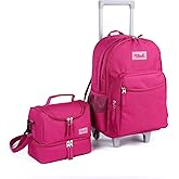Tilami Rolling Backpack 18 inch Double Handle with Lunch Bag Wheeled Kids Backpack, Deep Pink