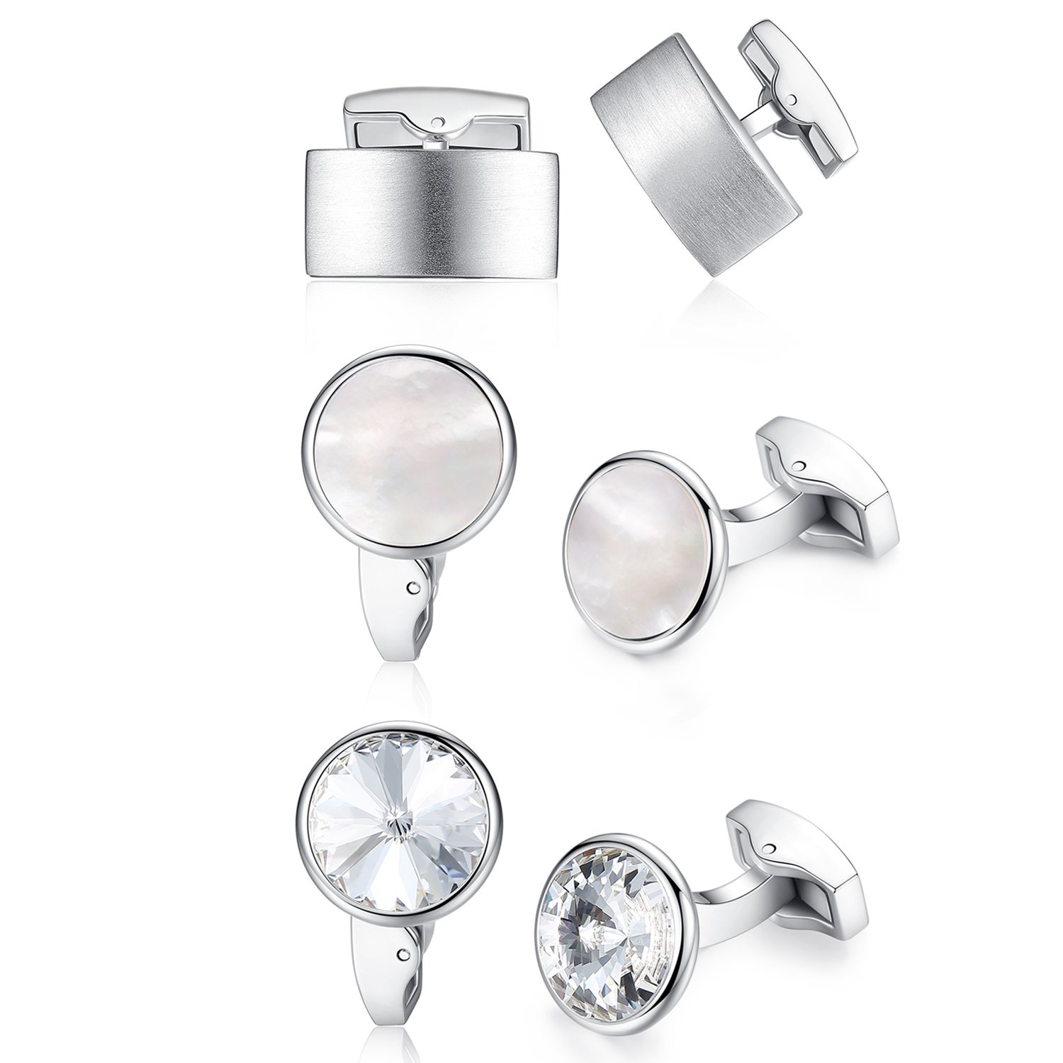 3 pairs Honey Bear Round Crystal Cufflinks Set - Rectangle Stainless Steel For Men's Shirt Wedding Business Gift, Silver (without box)