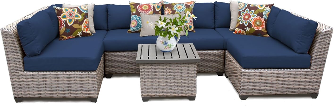 Amazon Com Tk Classics Florence 07c Navy 7 Piece Outdoor Wicker Patio Furniture Set Navy Garden Outdoor