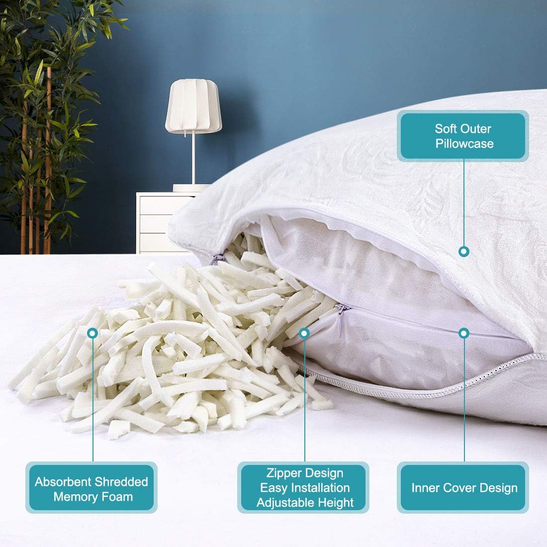 PiccoCasa Shredded Memory Foam Pillow for Sleeping, Adjustable Loft Pillow for Stomach Side Back Sleepers, Super Soft Washable Removable Plush Cover, with Extra Filling, King 1 Pack: Kitchen & Dining