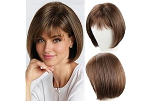 RENERSHOW Short Brown Bob Wigs for Women Brown Mixed Blonde Synthetic Wig with Bangs 10inch Average Size Natural Looking Daily Party Wig