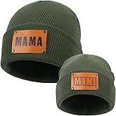 HiXceHiCeng Mama and Mini Hats, 2-Pack Mommy and Me Beanies, Leather Patch Toddler Knit Hats Baby Winter Beanies