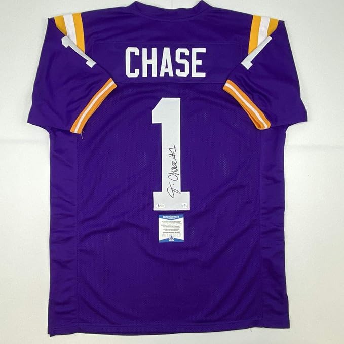Autographed/Signed Ja'Marr Chase LSU Purple College Football Jersey Beckett BAS COA at Amazon's 